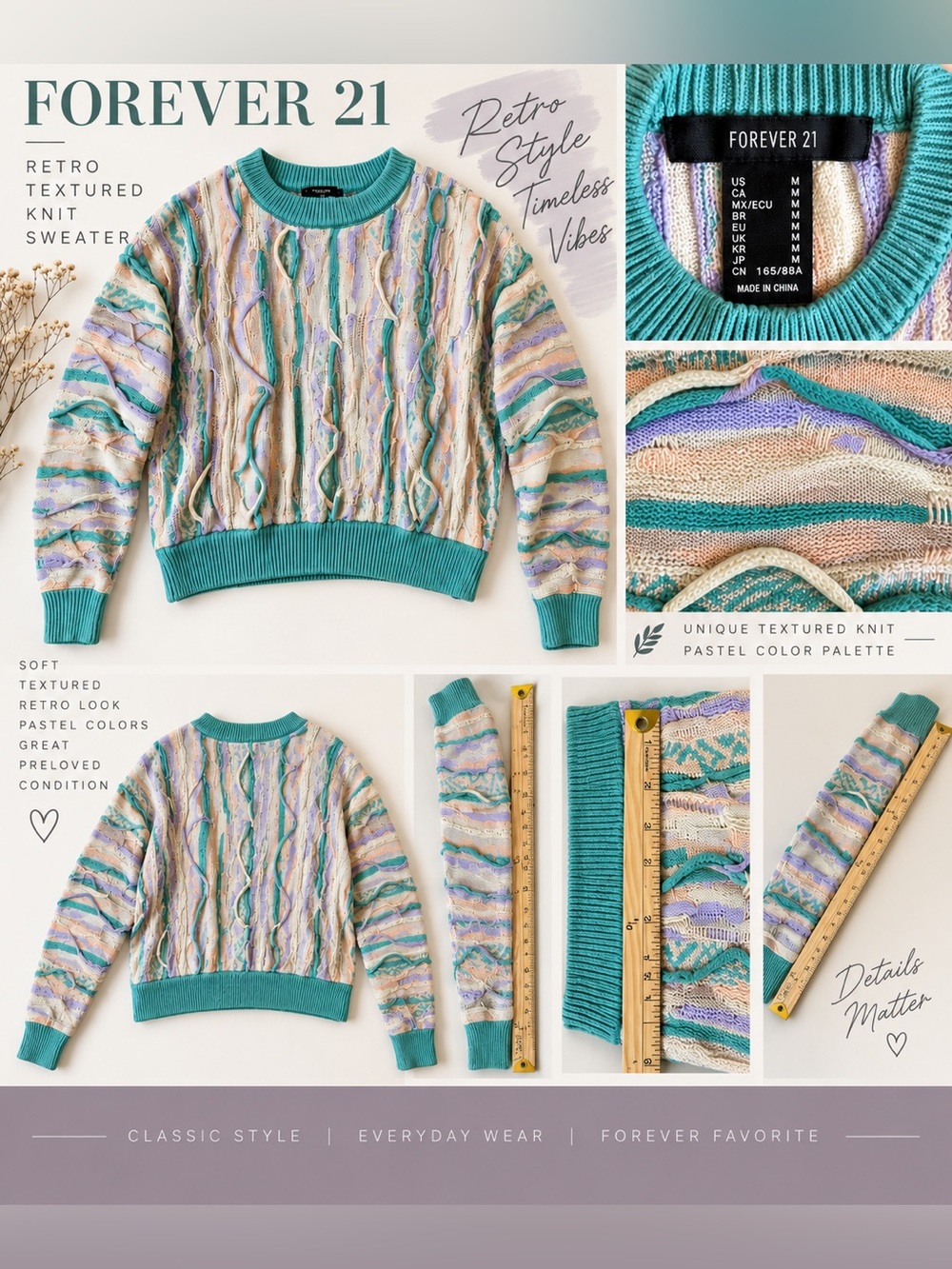 Forever 21 Pastel Textured Crewneck Sweater with Teal Trim